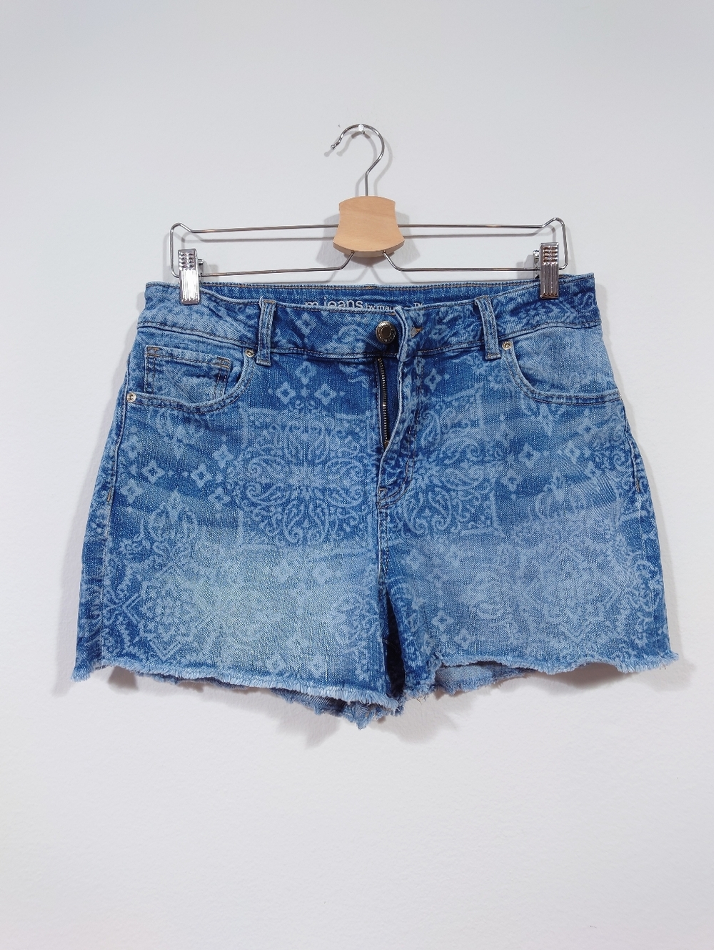 High Rise Denim Shorts Blue Print Boho Festival Style Size 14